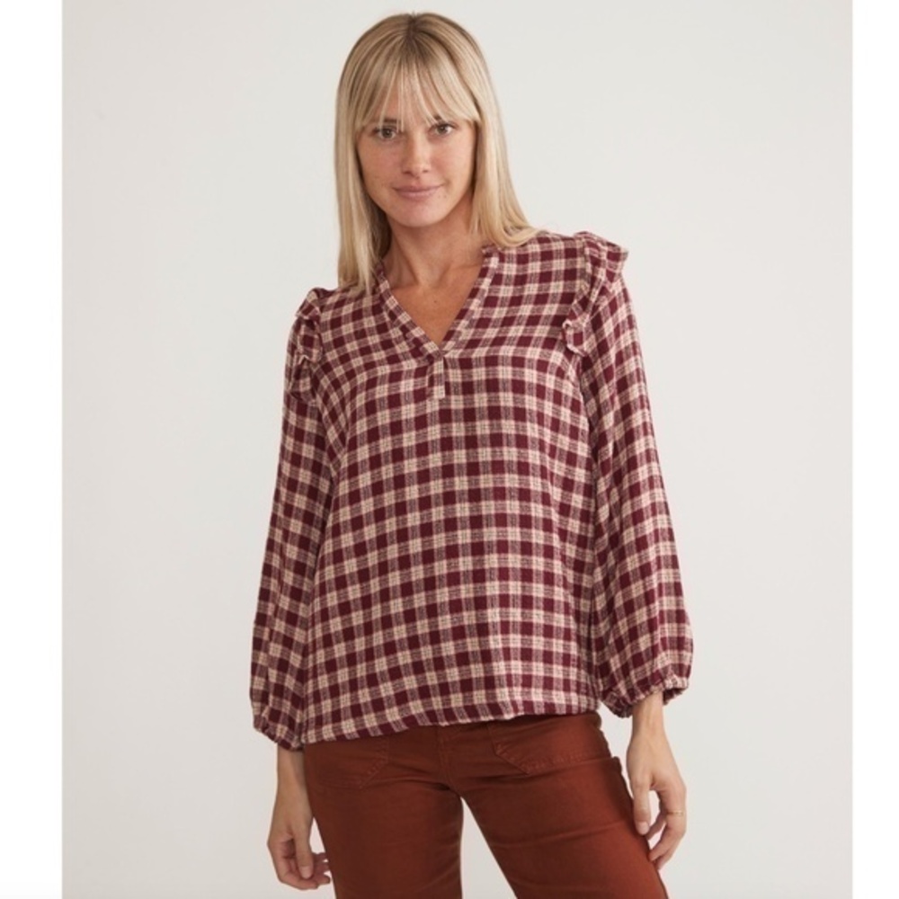 Marine Layer Jamie Ruffle Sleeve Top in Pink Plaid Size XS